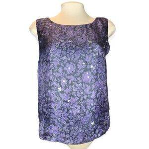 Josephine Chaus Black &‎ Purple Silk Beaded Sleeveless Blouse Size 10
